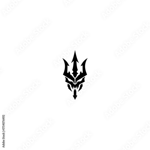 Black, stylized trident with a beastly, horned skull incorporated