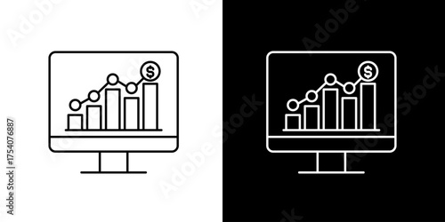 Computer screen displaying a rising bar graph with a dollar coin, illustrating financial growth, investment returns, and market analysis