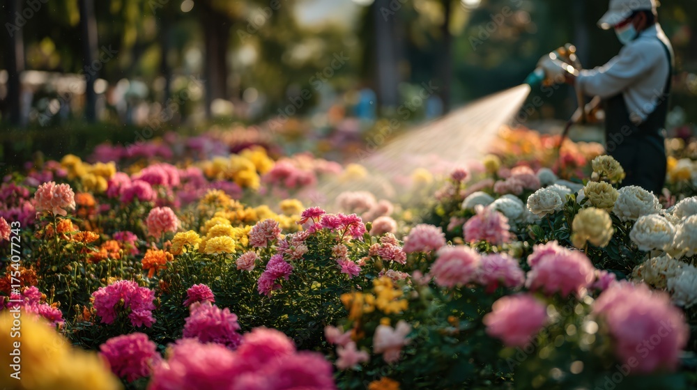 Obraz premium Gardening action groundskeeper watering vibrant flowers in a public park lush environment close-up viewpoint