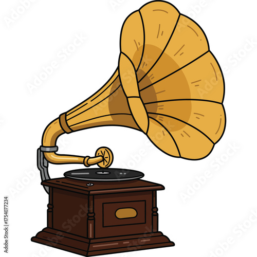 Vintage Gramophone Illustration retro music record player horn speaker antique old phonograph sound audio