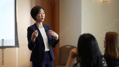 A confident woman in a navy suit and white shirt presents, gesturing while speaking to an audience