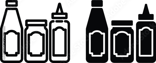 Collection of various sauce and condiment bottle shapes black silhouette.
