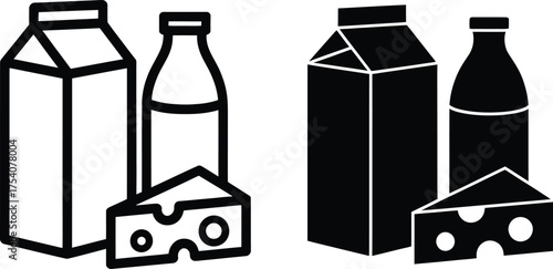 Containers of dairy and cheese shown in black and white silhouette.