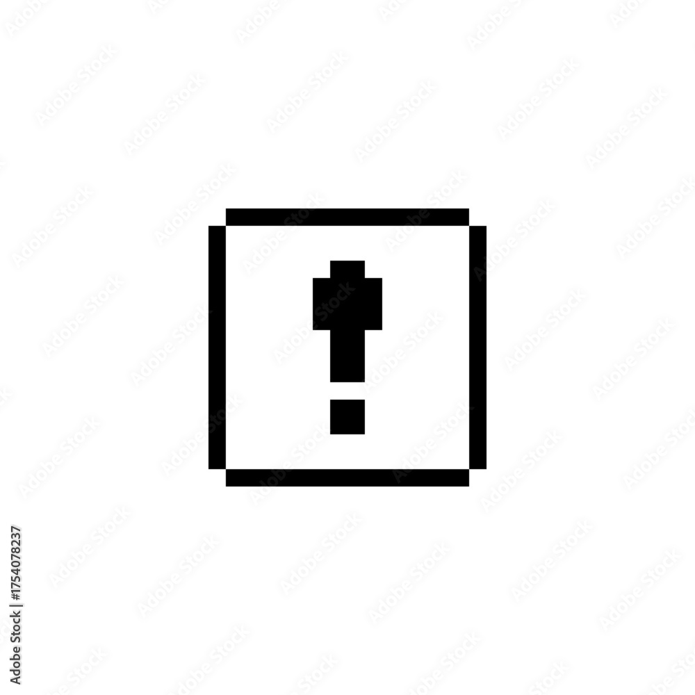 Obraz premium Pixel exclamation mark in a black box, retro 8-bit symbol for alerts, notifications, and UI design in classic video games or vintage software interfaces.