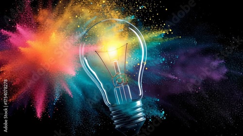 A light bulb emitting vibrant colors against a dark background, symbolizing creativity and inspiration.