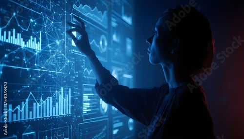 Data Analysis: A tech-savvy individual, illuminated by the cool glow of digital displays, delves into a sea of interconnected data points and complex analytics.