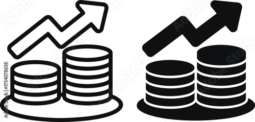 Illustrating growth and finance with stacked coins and rising arrows silhouette.