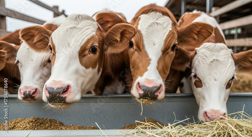 A group of young cattle, predominantly brown and white in color, are crowded together at a feed trough, looking directly at the camera. The focus is on their heads and muzzles as they eat hay and grai