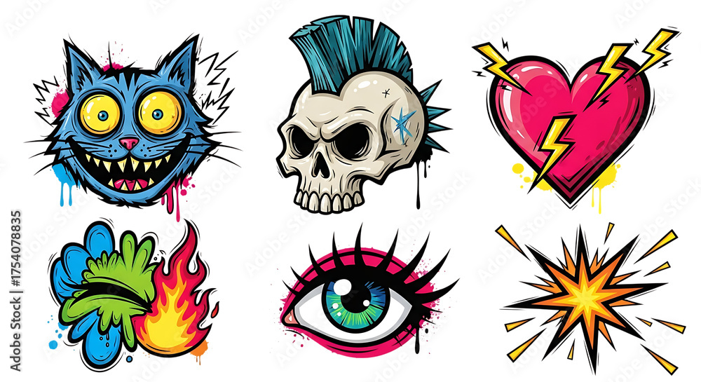 Naklejka premium Punk Rock Rebel Style Tattoo Stickers Set Featuring Cat Skull Heart Eye and Explosion Graphics