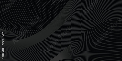 Black abstract background design. Modern wavy line pattern (guilloche curves) in monochrome colors. Premium stripe texture for banner, business backdrop.