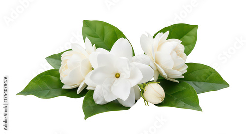White Jasmine Flowers And Bud With Green Leaves On Black