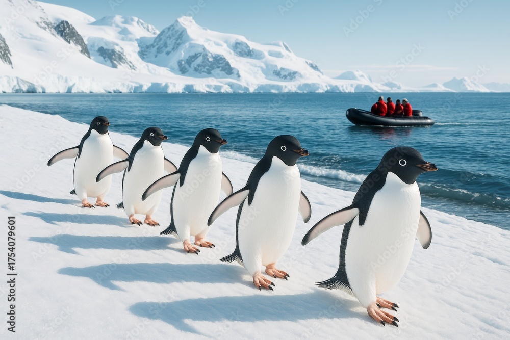 Obraz premium Adelie penguins marching on snowy Antarctic shore with tourists in inflatable boat on background under bright daylight sky.