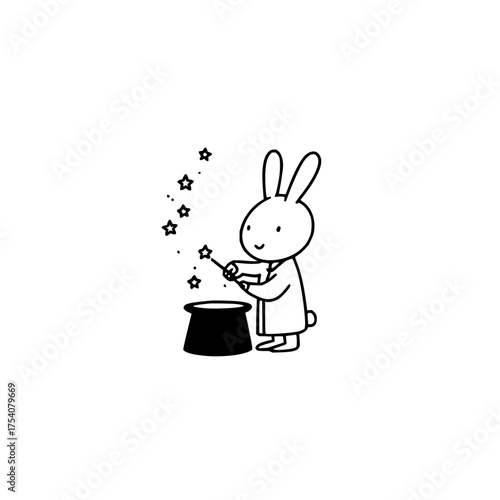 A cartoon rabbit in a robe performing magic with a wand and a hat with stars floating above it