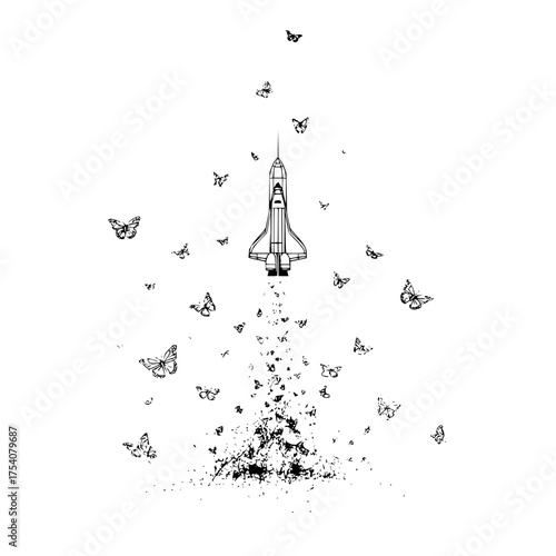A space shuttle launches upward surrounded by butterflies against a white background in a black and white design