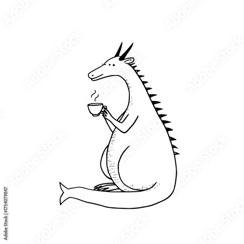 A whimsical line art illustration of a dragon sitting and holding a steaming cup of tea or coffee nicely