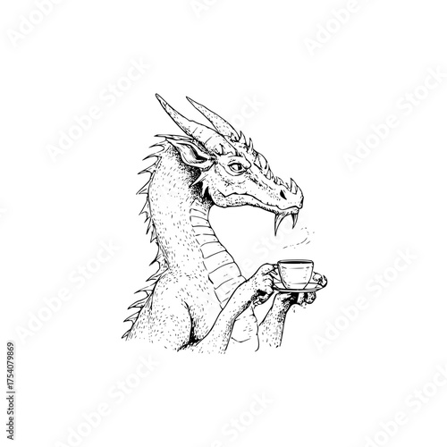 Dragon illustration holding a teacup with steam rising in black and white detailed line drawing style