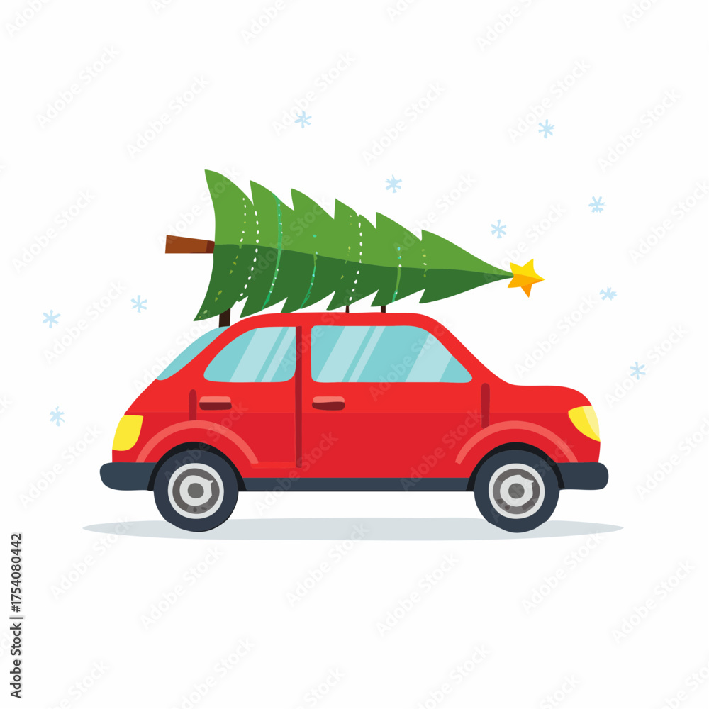Obraz premium Red car carrying a Christmas tree topped with a star, snowy background. Fun winter and holiday travel vector illustration.