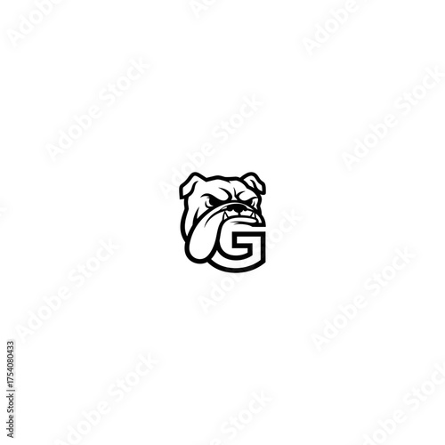 Bulldog head with open mouth and tongue overlaps the letter 'G'