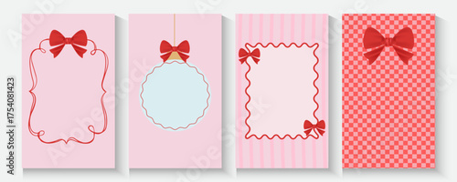 Merry Christmas and Happy New Year cards, posters, holiday covers. Set of greeting Xmas design in trendy retro hand drawn doodle style with bow and ribbon frame, art banner, flayer, template, layout.