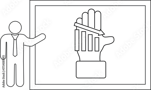 Outline drawing Figure presenting descending graph on hand graphic within frame
