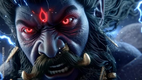 An intense closeup of an Asura demon with fiery glowing eyes, radiating battle fury and unstoppable power in a cinematic divine setting.