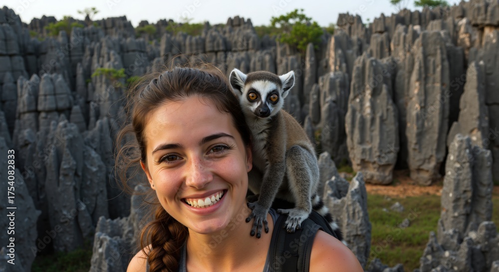 Obraz premium Smiling woman with ring-tailed lemur on her shoulder in Madagascar. Tourist enjoying wildlife encounter at Tsingy de Bemaraha National Park. Adventure travel and ecotourism concept