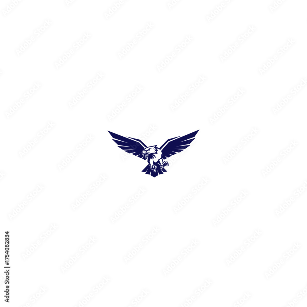Fototapeta premium Flying raptor with spread wings, talons extended, navy blue on white