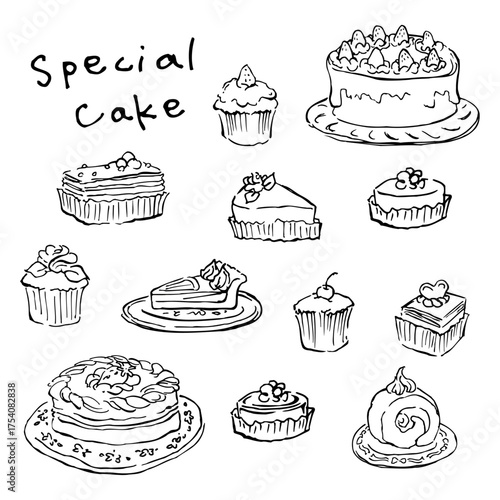 手描き風のケーキの線画イラストセット デコレーションケーキ/カップケーキ/ロールケーキ/ショートケーキ/スイーツ