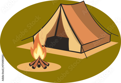 Wallpaper Mural Vector illustration of a camping tent with a bonfire on a grassy ground. Warm and adventurous outdoor scene perfect for travel graphics, camping logos, hiking themes, nature exploration, or adventure  Torontodigital.ca