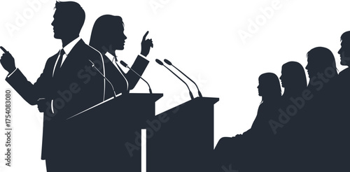 Business conference speakers at podiums addressing audience, corporate presentation, professional seminar, leadership speech, public speaking, teamwork, engagement, communication,