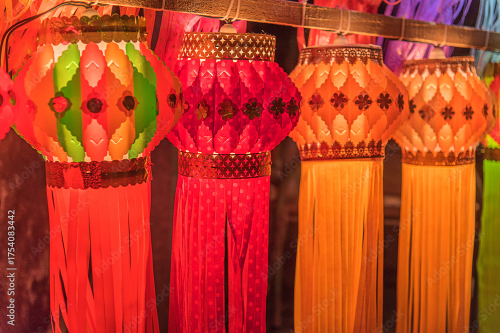 Fototapeta premium Colorful traditional and modern Lanterns, Akash kandil, decorative lamps, on the occasion of Diwali festival in Pune, India.