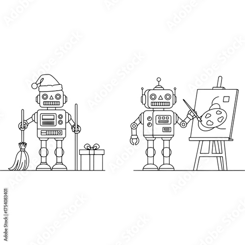 Christmas cleaner and artist robot. Symbolic characters of holiday preparation and creative hobbies. Coloring pages for kids and adults. Black and white outline illustration set design.