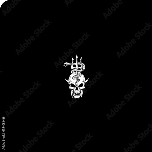 Skull with horns topped by trident and snake, rendered in stark white on black
