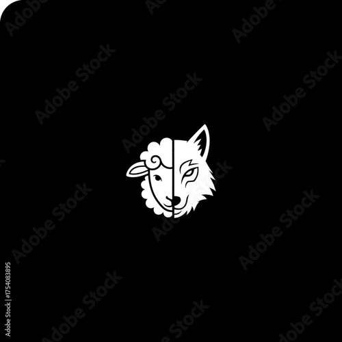 Sheep/wolf face composite in white outline, centered on black background