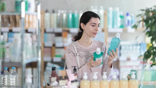 Young woman buyer chooses bottle of mouthwash in pharmacy