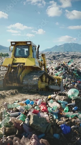 Yellow bulldozer operating in massive plastic waste landfill, vertical footage