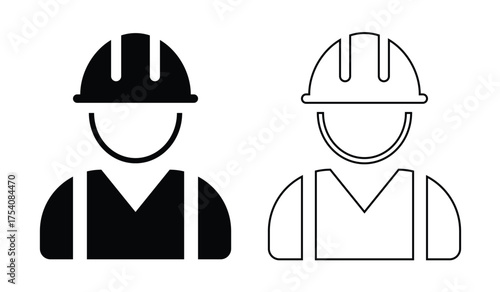 Vector icon set of construction worker and technician – hard hat, uniformed staff, safety, industrial employee, black and white design