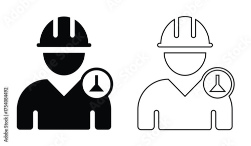 Vector icon set of engineer and surveyor – worker with hard hat, technical overlay symbol, planning, construction, and field specialist