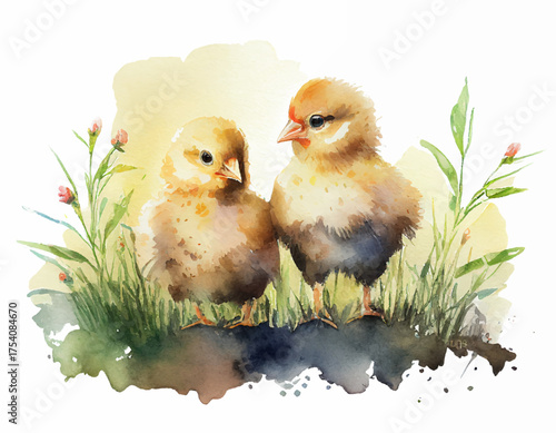 Beautiful watercolor painting of two adorable baby chickens standing closely next to each other amidst a vibrant patch of green grass, nature and the joys of new life. Vector artwork