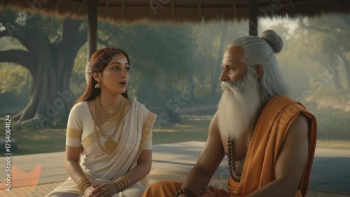 A rishi speaks to a devotee woman in a serene Vedic forest, radiating wisdom, spiritual guidance, and peaceful devotion.
