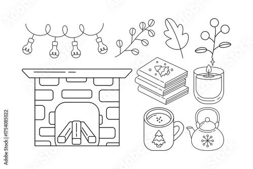 Cozy winter home coloring page with fireplace, candle, mug and books illustration for relaxing art activity