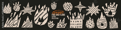 Flame and star cutout collage set. Newspaper scrapbook fire paper doodles with torn edges, rough chalk strokes, pencil scribbles. Vector primitive elements. 
