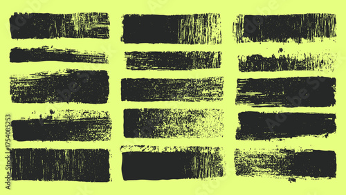 Dry paint stroke texture collection with stencil rough lines. Grunge black brush marks on bright background for digital and print design.