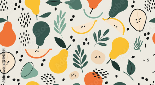 A charming pattern featuring sliced and whole pears with playful leaves and dots.