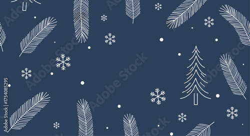 A winter scene with snow falling on pine trees.