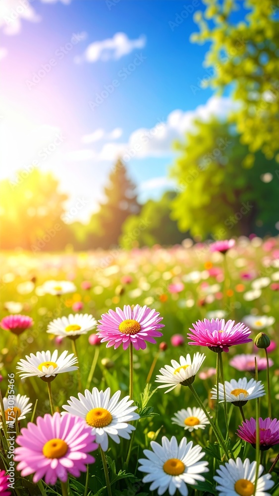 Fototapeta premium Meadow with lots of white and pink spring daisy flowers in sunny day