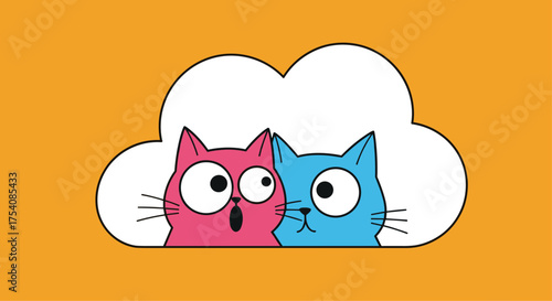 Two cartoon cats peeking out of a white cloud on an orange background.