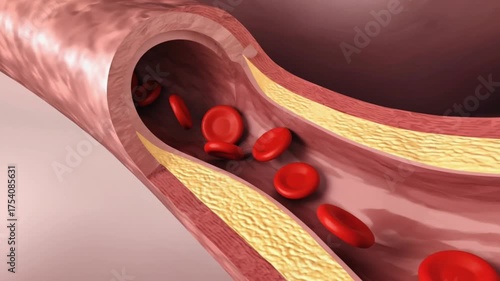 Clogged artery with cholesterol and red blood cells inside. Medical graphic visualization of atherosclerosis concept footage.