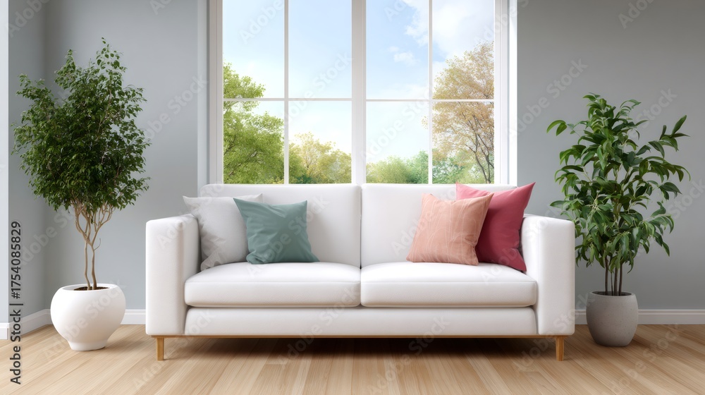 Fototapeta premium Modern living room interior with white sofa and plants