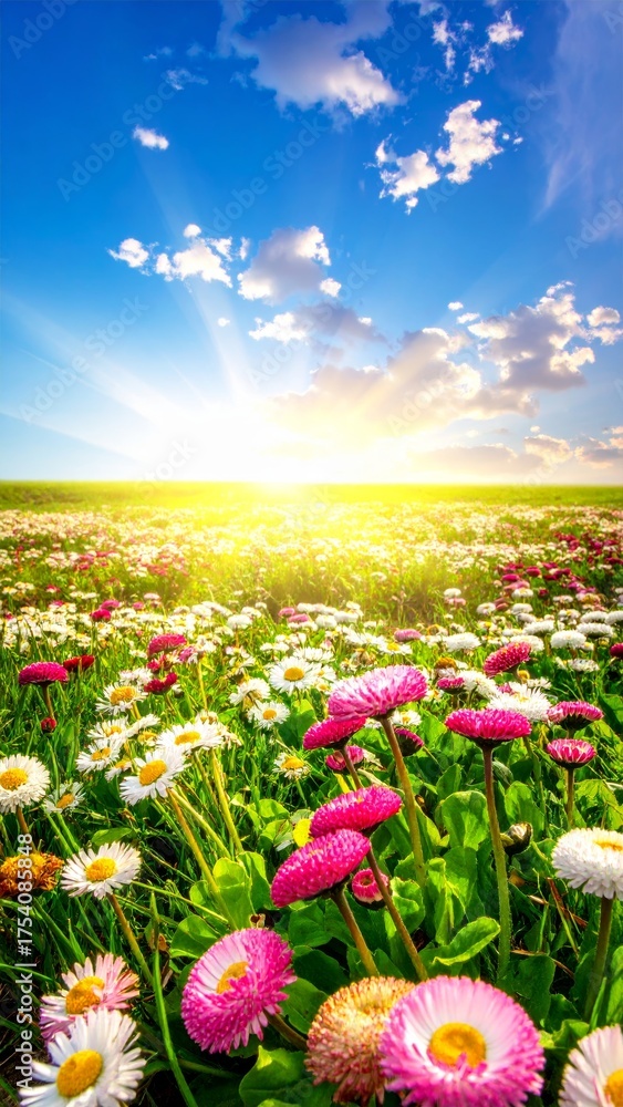 Obraz premium Meadow with lots of white and pink spring daisy flowers in sunny day